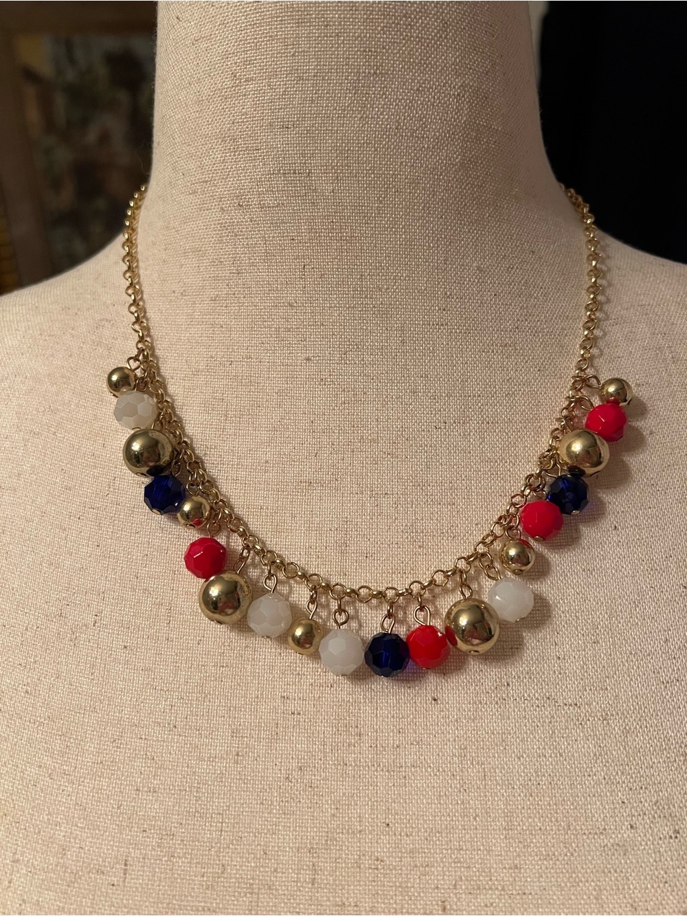 Gold Chain Necklace with Red, Navy and White Beads - Patriotic